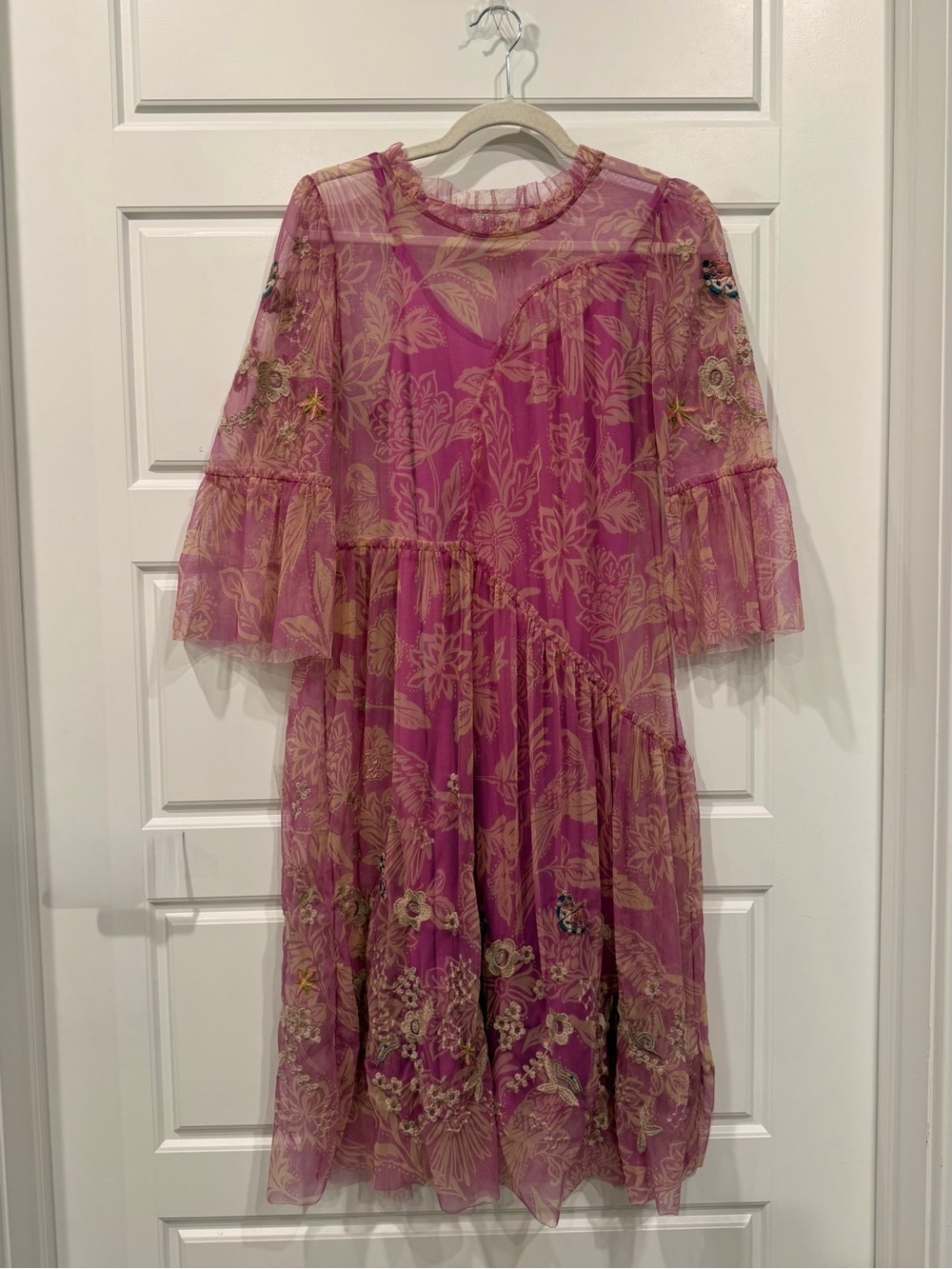 NWT JOHNNY WAS Biya Mazzy Arching Ruffles Dress Pink Floral Embroidered XS Boho - Picture 2 of 13